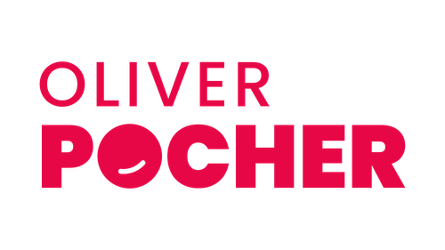 Rotes OLIVER POCHER Logo mit einem stilisierten Gesicht im Buchstaben O von POCHER.